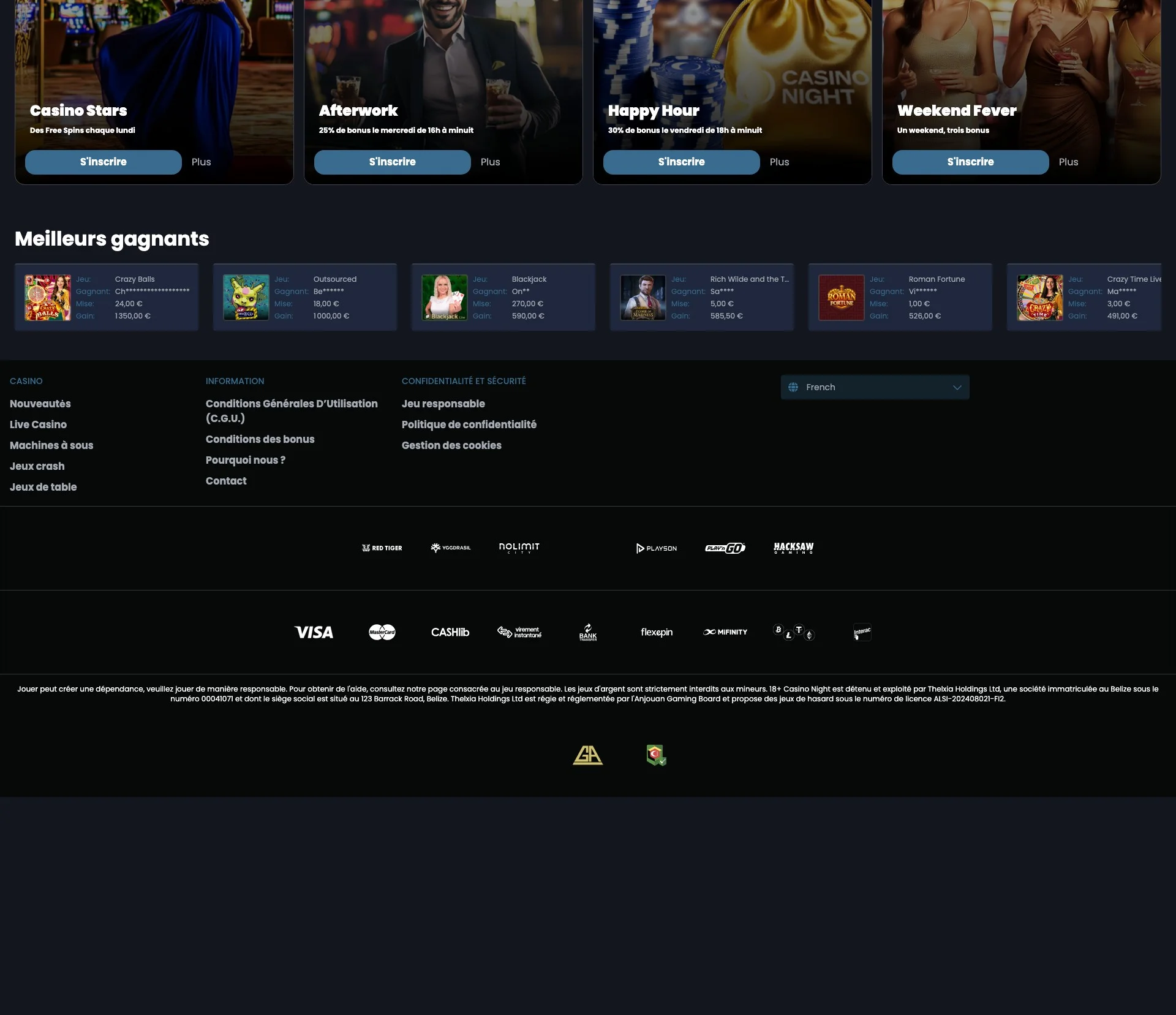 les bonus de Casino Night