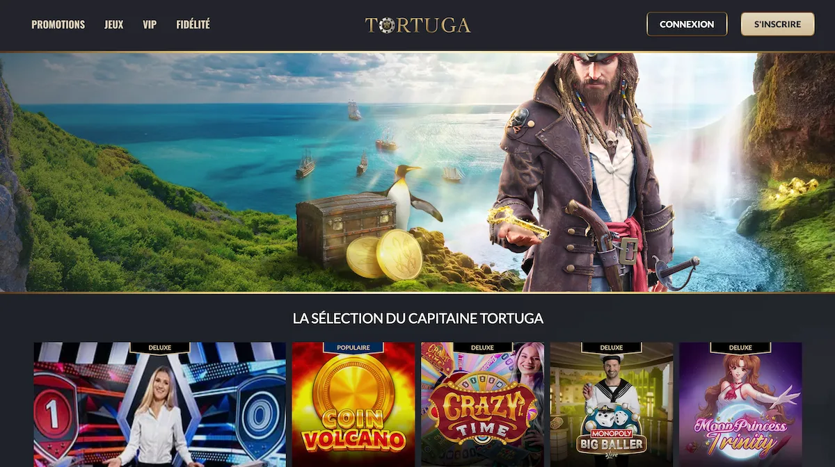 Ancienne page d'accueil du casino en ligne Tortuga avant sa fermeture