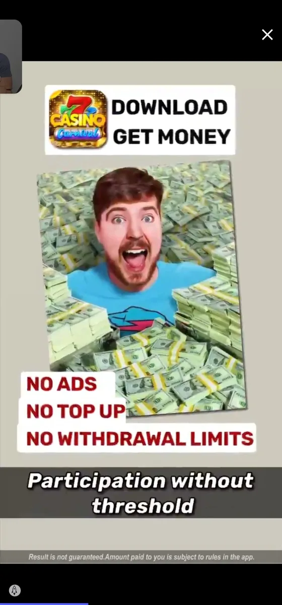 Capture d'écran d'une fausse pub pour l'appli Casino Carnival, avec la photo de MrBeast au milieu des billets et une promesse de retraits sans limite.