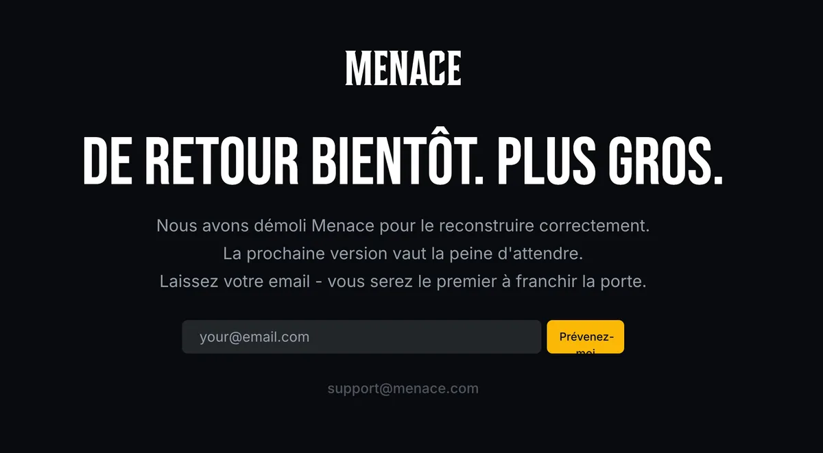 La page qui affiche le message De retour bientôt Plus gros à la place du casino Menace