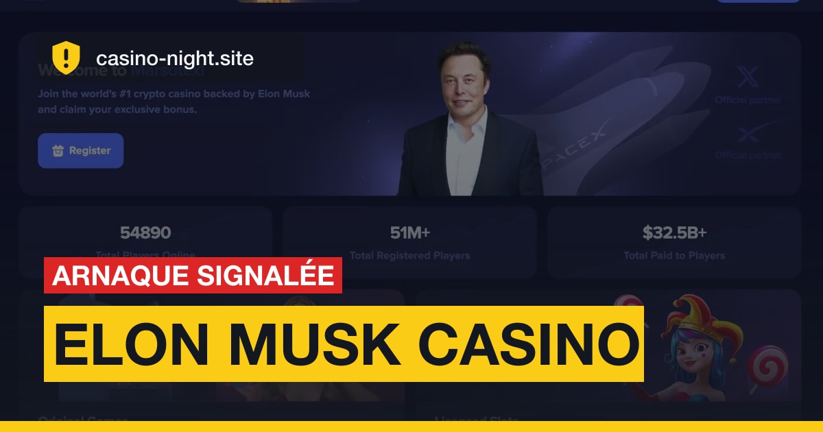 Visuel d'alerte : la page d'accueil du faux casino Marsotex avec le bandeau « Arnaque signalée ».