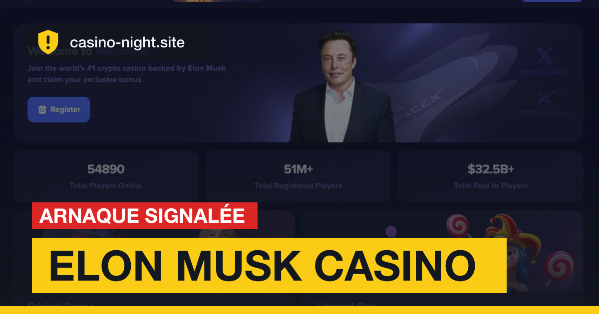 Visuel d'alerte : la page d'accueil du faux casino Marsotex avec le bandeau « Arnaque signalée ».