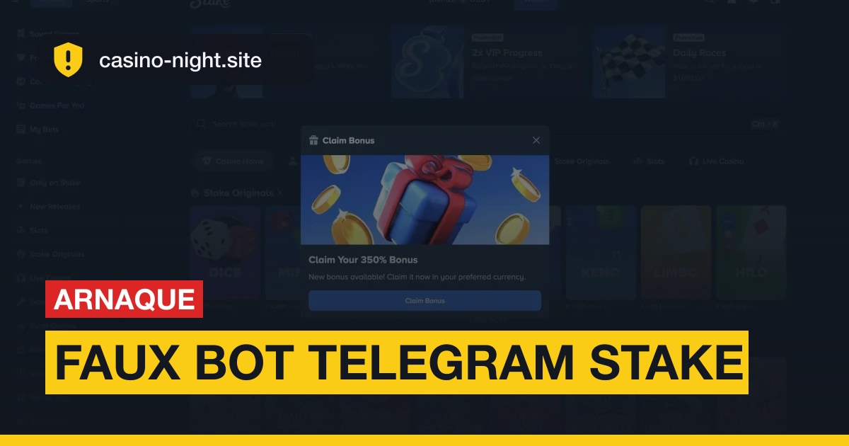 Le faux site Stake stake1303.com avec le bandeau Arnaque signalée