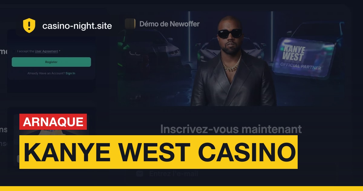 La page du faux Kanye West Casino avec le bandeau Arnaque signalée